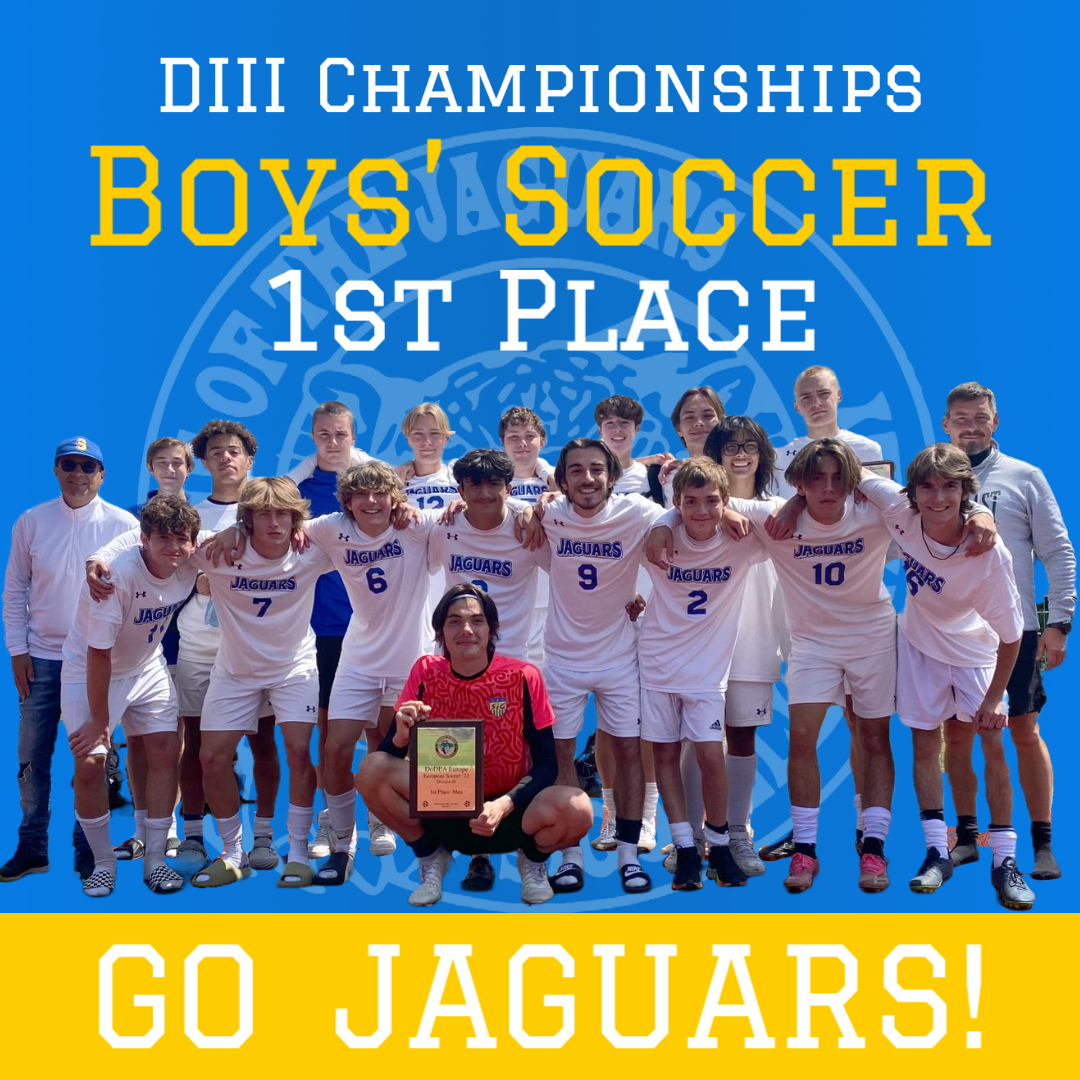 Group photo of Sigonella MHS Soccer team with text 'DIII Championship Boys' Soccer 1st Place'